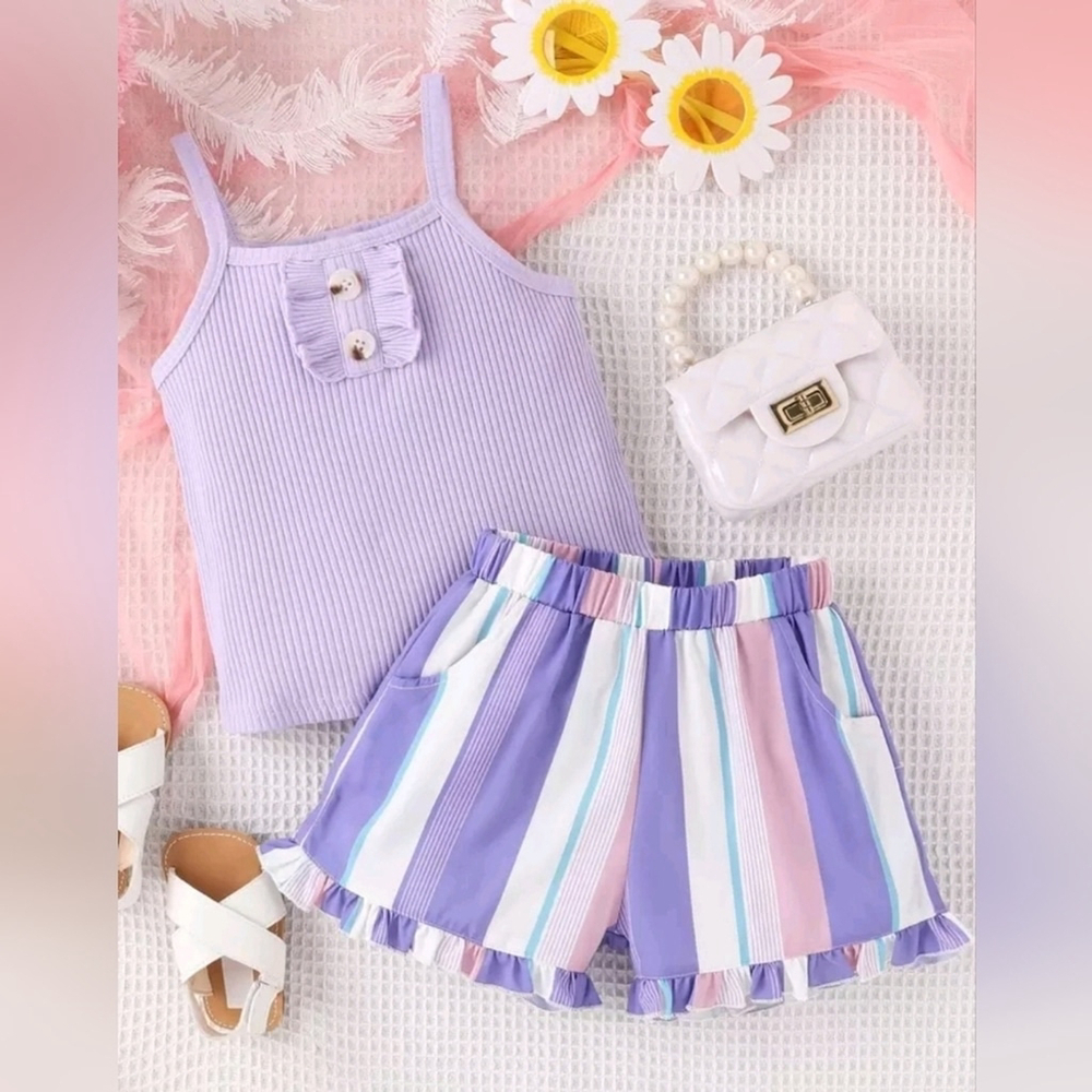 Colorful Girls Top and Purple/Blue Stripped Shorts Set 7 years